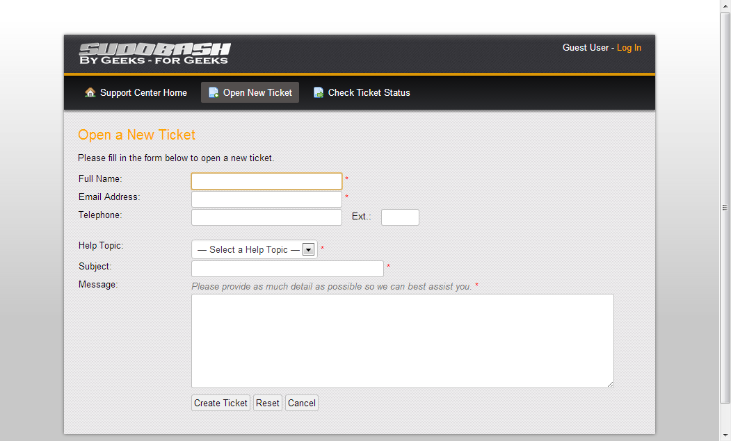 First Client osTicket Home Page