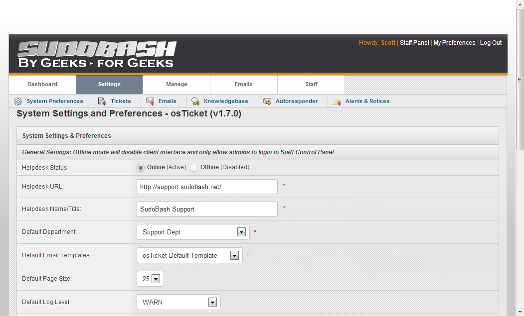 First Client osTicket Home Page